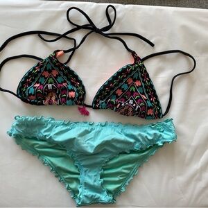 Womens two-Piece Bikini Set in Aqua and Black with Multicolor Pattern